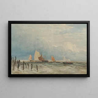 David Cox - Dutch fishing smacks off the coast with Grote Kerk Dordrecht in the distance.webp