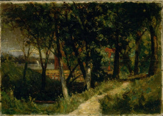 Edward Mitchell Bannister - Untitled landscape forest scene with red fence and building.webp