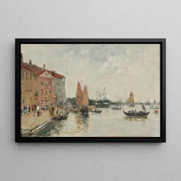 Venice quay and San Biagio church painting - Eugène Boudin — framed artwork on a wall