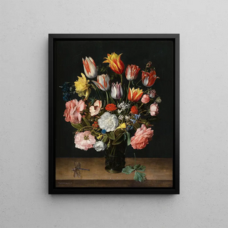 Jacob van Hulsdonck - A Still Life Of Tulips Roses Bluebells Daffodils A Peony And Other Flowers In A Glass Roemer On A Wooden Ledge With A Dragonfly.webp