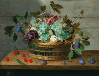 Jacob van Hulsdonck - Grapes peaches plums and cherries in a wicker basket with dragonfly and butterfly nearby.webp