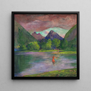 L'entrée de la rivière Tautira, pêcheur tahitien piquant un poisson - John La Farge