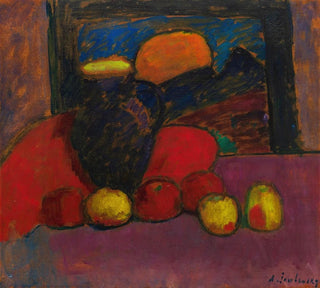 Nature morte avec tissu, fleurs dans un pichet, pomme et récipient sur la table - Alexej von Jawlensky