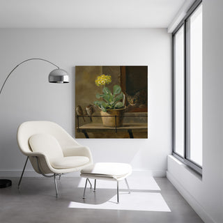 Art print | Still life with a primrose in a flowerpot, a cat, and two sparrows - Martinus Rørbye