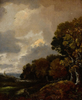 Thomas Gainsborough - Landscape with trees and a field a church tower in the distance.webp