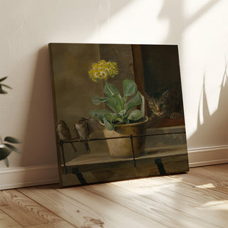 Art print | Still life with a primrose in a flowerpot, a cat, and two sparrows - Martinus Rørbye