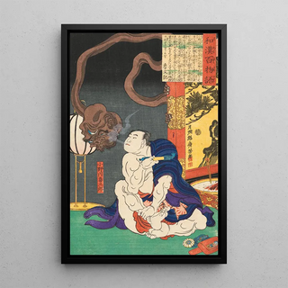 Tsukioka Yoshitoshi - The Wrestler Onogawa Kisabur Blowing Smoke at a OneEyed Monster.webp