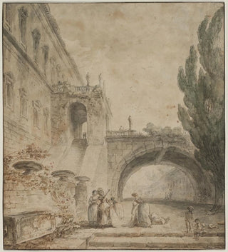 Un palais avec un pont en arc, une villa romaine - Hubert Robert