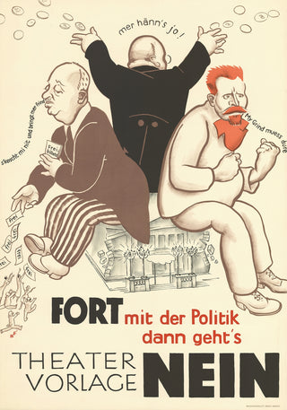 Vintage theater poster 'Theatervorlage Nein' political caricature style