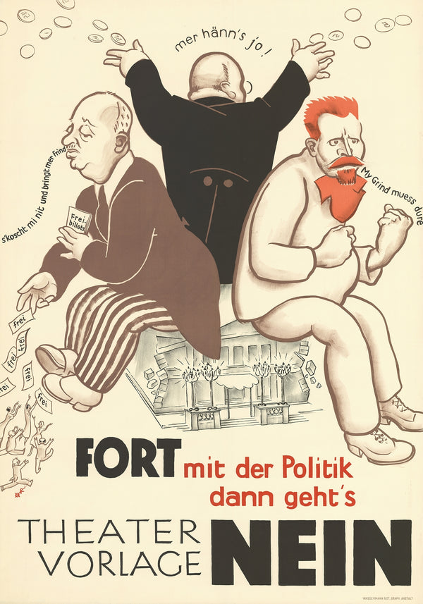 Vintage theater poster 'Theatervorlage Nein' political caricature style