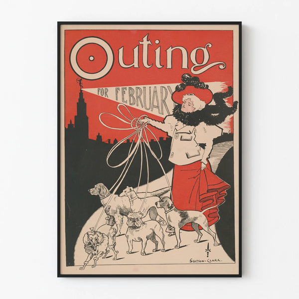 Vintage poster Outing for February with woman and dogs
