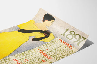 Vintage calendar poster 1897 – January to March, retro illustration of a woman in a yellow dress