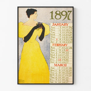 Vintage calendar poster 1897 – January to March, retro illustration of a woman in a yellow dress