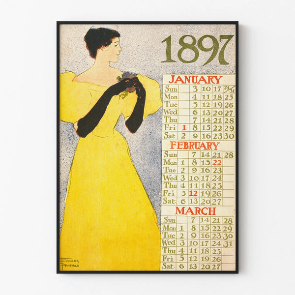 Vintage calendar poster 1897 – January to March, retro illustration of a woman in a yellow dress