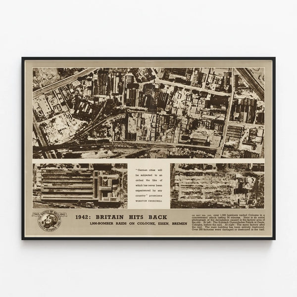 Vintage poster 1942 British bombings on Cologne - Historical wall decoration — framed artwork on a wall