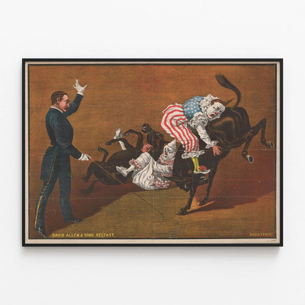 Vintage poster of clowns and circus trainer with mules — framed artwork on a wall