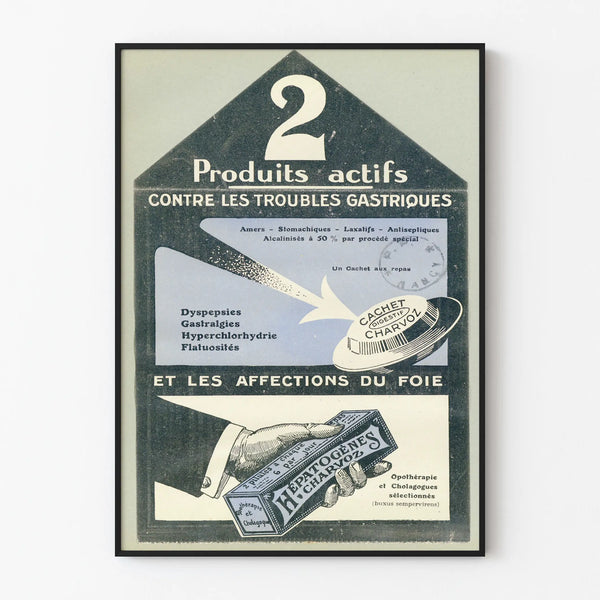 Vintage poster for active products against gastric disorders and liver conditions