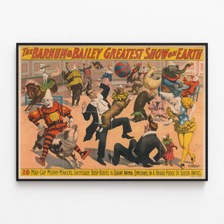 Barnum & Bailey Circus Poster of Animal Performers and Fantastical Acts — framed artwork on a wall