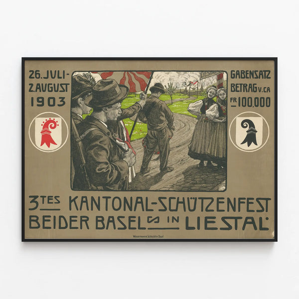 Vintage poster for the 3rd Cantonal Shooters' Festival of Basel in Liestal 1903 — framed artwork on a wall
