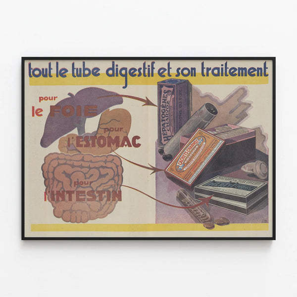 Vintage poster on gastrointestinal medications — framed artwork on a wall