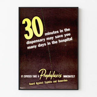 Vintage health prevention poster: 30 minutes at the clinic save days in the hospital
