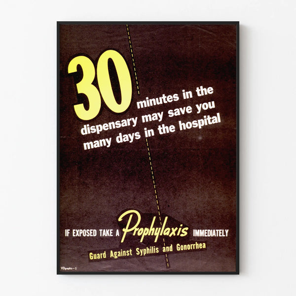 Vintage health prevention poster: 30 minutes at the clinic save days in the hospital