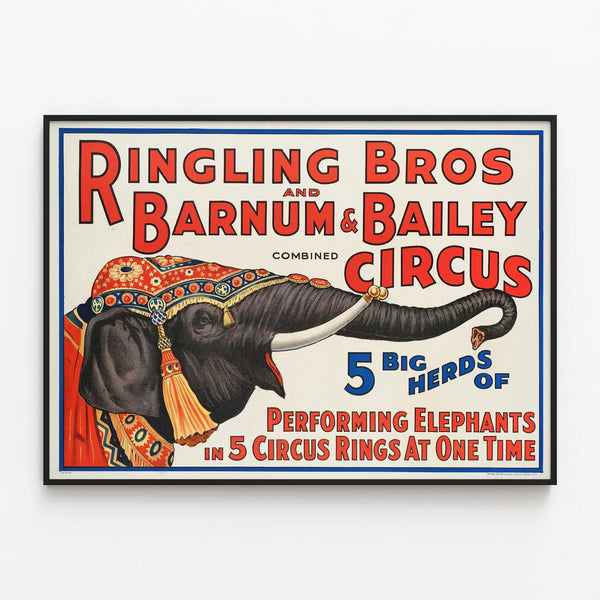 Vintage Circus Poster Ringling Bros Elephants — framed artwork on a wall