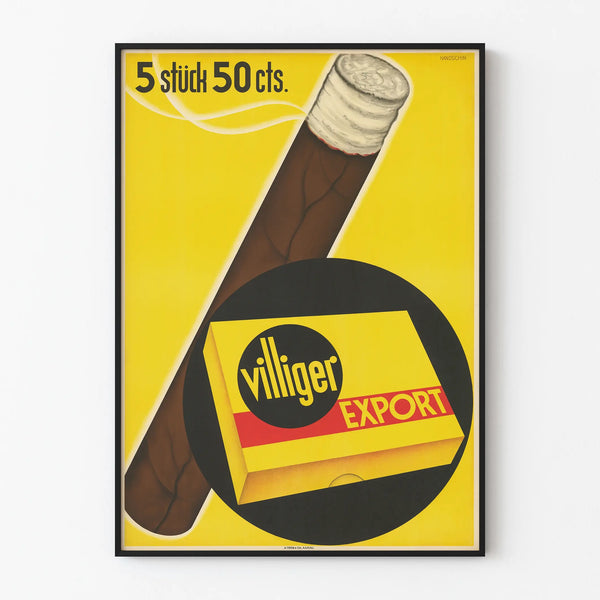 Vintage Advertising Poster Villiger Export Cigarettes Yellow and Black