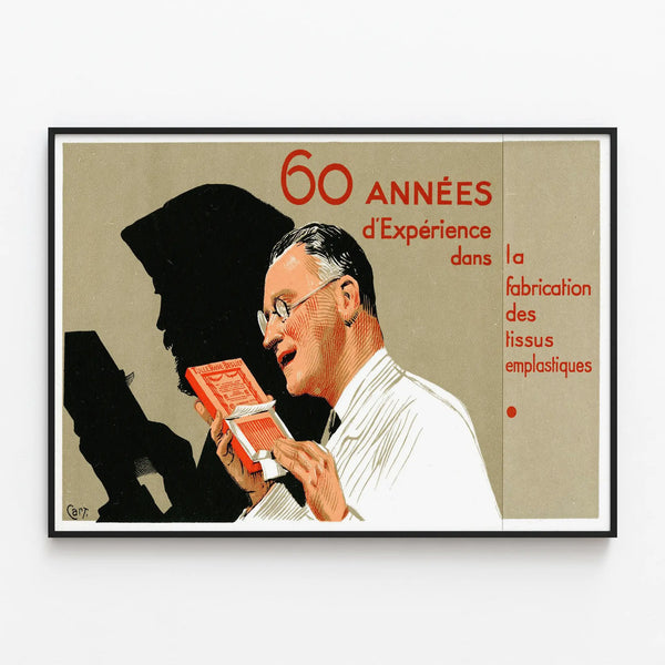 Vintage poster celebrating 60 years of experience in the manufacture of plastified fabrics — framed artwork on a wall