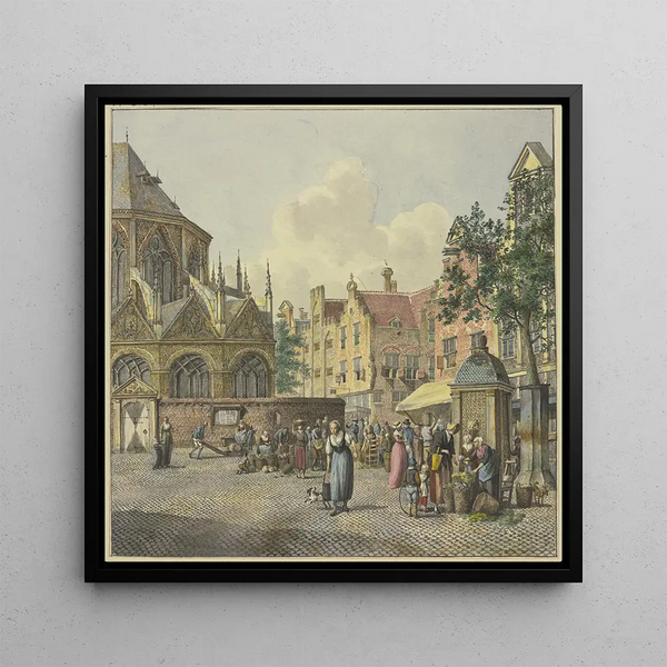 On the left, the choir of a church, on the right, a fountain pavilion with game vendors - Johannes Huibert Prins — framed artwork on a wall
