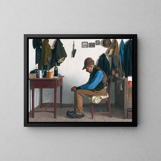 Almueinteriør painting with seated elders - A.C. Terslse — framed artwork on a wall