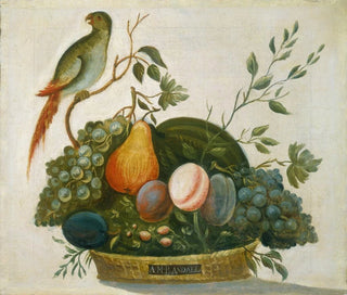 Fruit Basket Painting with Parrot - A. M. Randall — artwork view