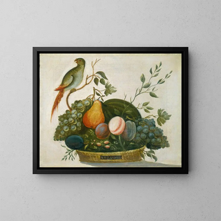 Fruit Basket Painting with Parrot - A. M. Randall — framed artwork on a wall