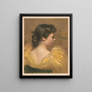 Profile of a seated woman wearing a yellow dress - A. W. Elson Co — framed artwork on a wall