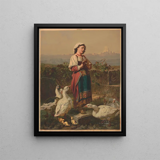 Girl with Geese and Goslings with Mountains in the Background - A. C. Kaufmann — framed artwork on a wall
