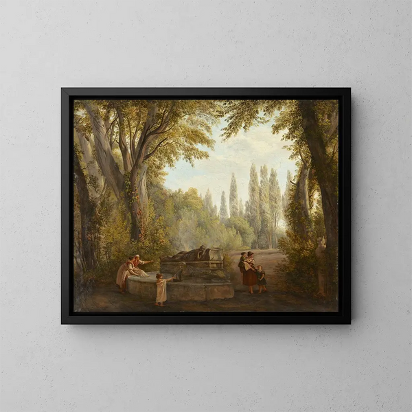 a park landscape with women and children near a fountain - Abraham Louis Rodolphe Ducros — framed artwork on a wall