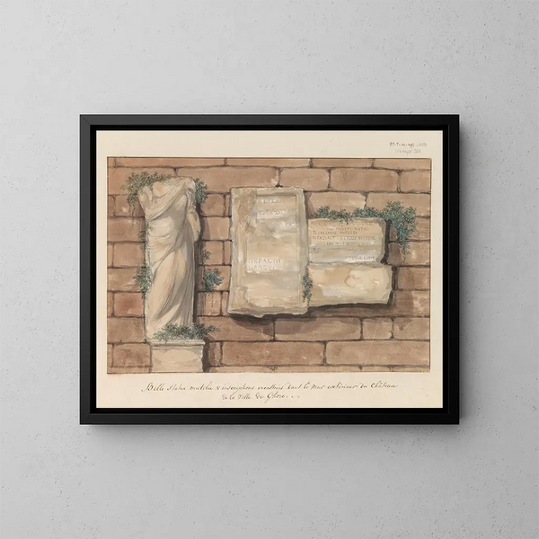 Sculpture endommagée et inscriptions intégrées dans le mur d'un château de la ville de Gozo - Abraham Louis Rodolphe Ducros — framed artwork on a wall