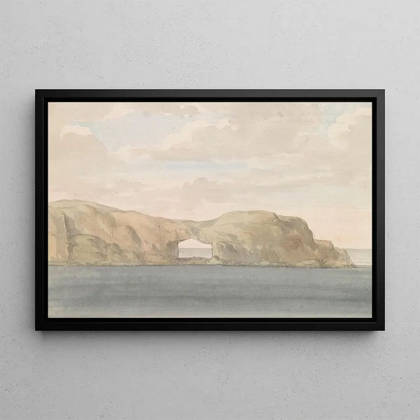 View of the rocky outcrop with hole on the small islet Cumina near Gozo - Abraham Louis Rodolphe Ducros — framed artwork on a wall