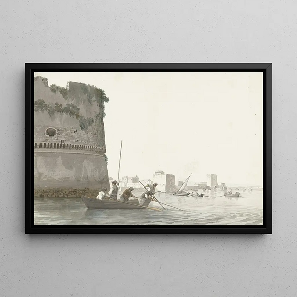 Moules Fishermen on the Mare Piccolo near the Fortifications of Taranto - Abraham Louis Rodolphe Ducros — framed artwork on a wall