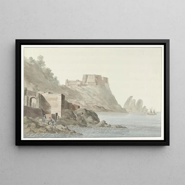 Rochers et ville de Scilla dans la région de Calabre sur la côte est - Abraham Louis Rodolphe Ducros — framed artwork on a wall