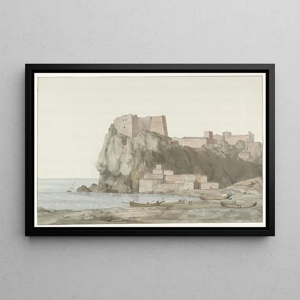Roche et ville de Scilla dans la région de Calabre sur la côte ouest - Abraham Louis Rodolphe Ducros — framed artwork on a wall