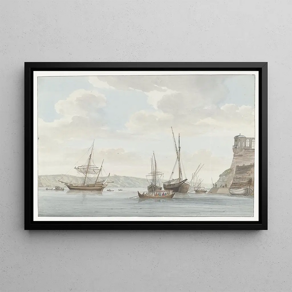 Pavillon du Jardin du Grand Maître dominant le port avec des galères à Malte - Abraham Louis Rodolphe Ducros — framed artwork on a wall