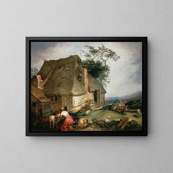 a cottage with peasants tending goats - Abraham Bloemaert — framed artwork on a wall