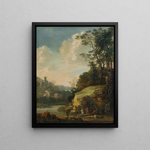 Landscape painting with figures by a riverbank - Abraham Bloemaert — framed artwork on a wall