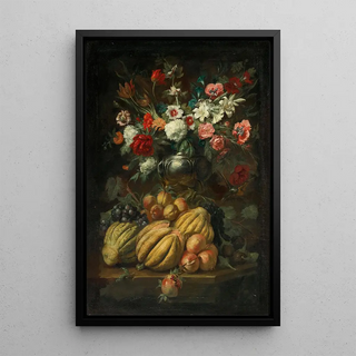 Flowers in a vase and fruits on a table - Abraham Brueghel — framed artwork on a wall
