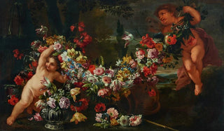Abraham Brueghel - Garlands of flowers with putti in a landscape.webp