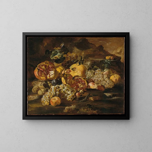 Grenades et autres fruits dans un paysage - Abraham Brueghel — framed artwork on a wall