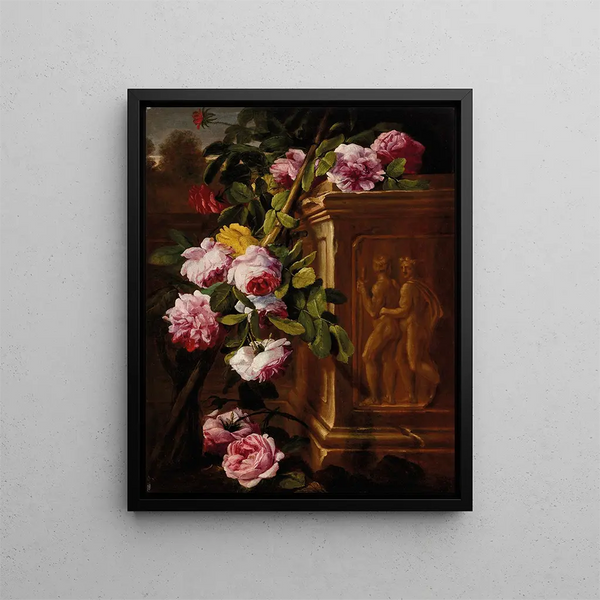 Roses dans un jardin avec un socle sculpté - Abraham Brueghel — framed artwork on a wall