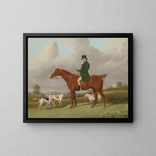 Portrait painting of M. Rounding on his horse Spankaway - Abraham Cooper — framed artwork on a wall