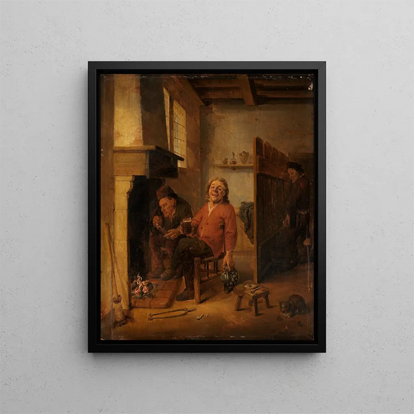 Two farmers drinking by the fire - Abraham Diepraam — framed artwork on a wall